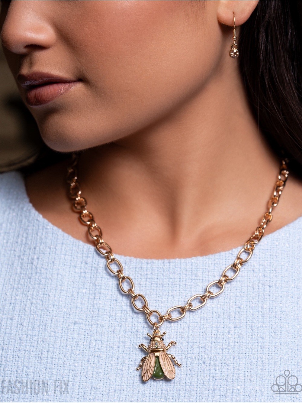 paparazzi Gold Bee Charm Chain Necklace with Green Accent